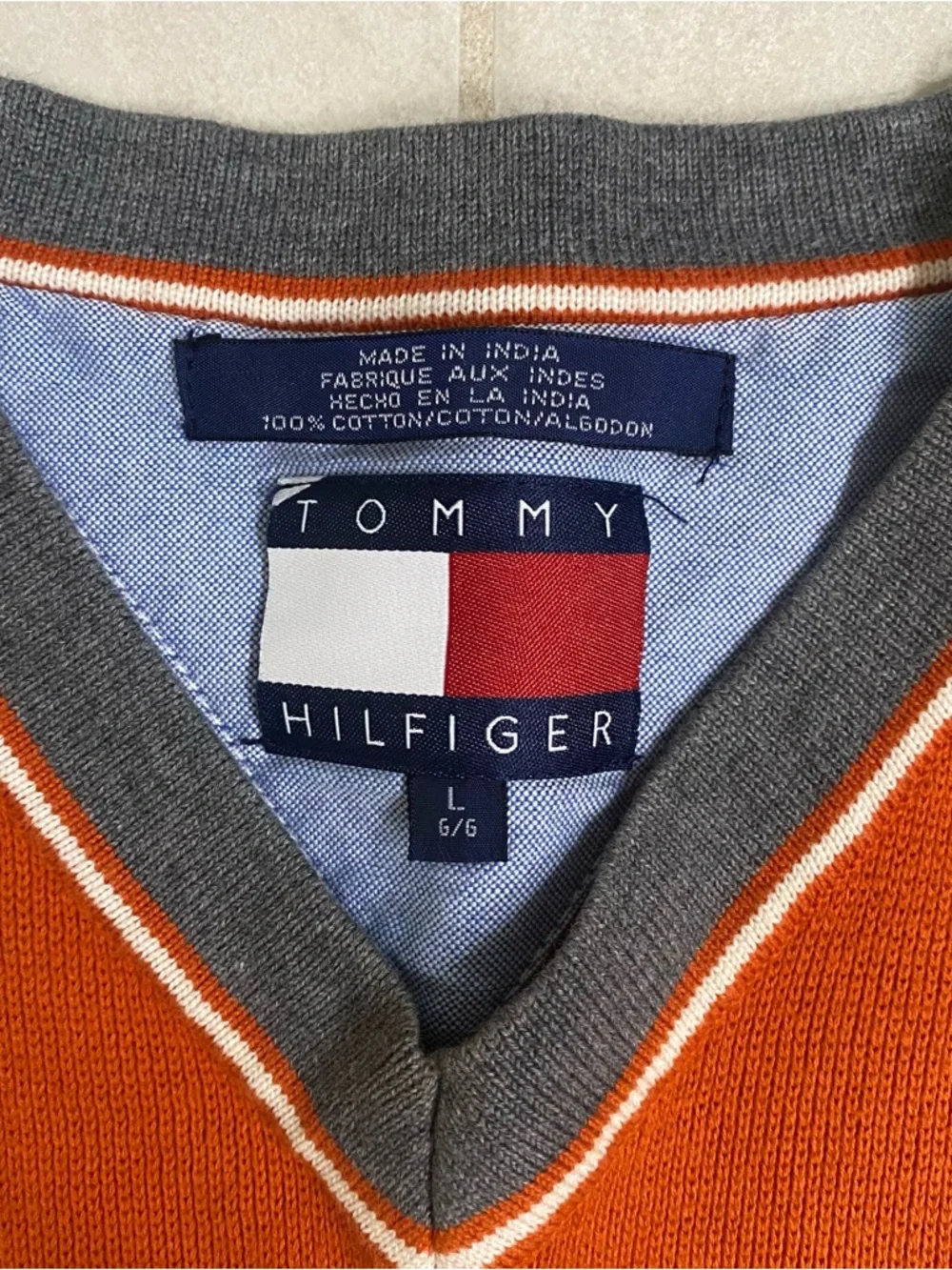 Tommy Hilfiger Men's Rust Orange V-Neck Sweater Vest with Contrast Trim - Picture 2 of 7